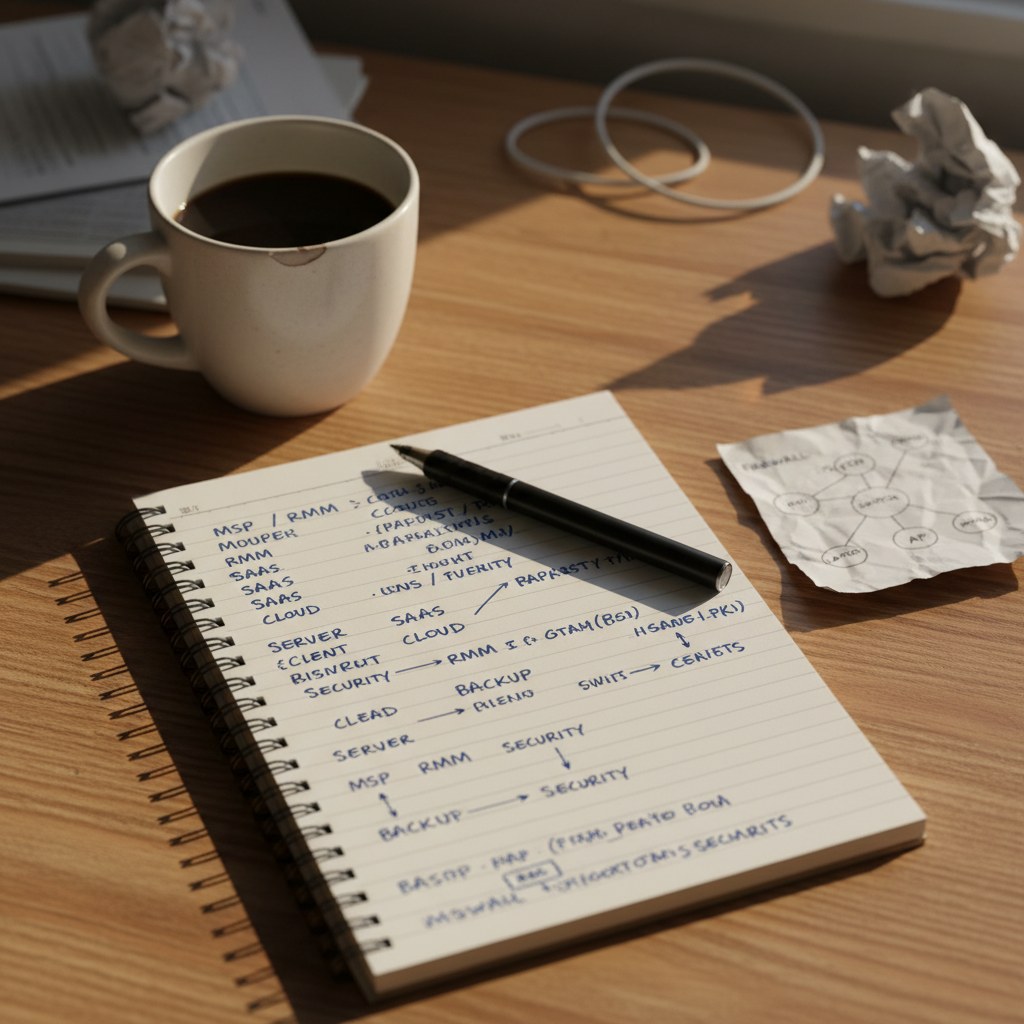 Spiral notebook with MSP working notes, felt pen, network diagram, and coffee on a wooden desk